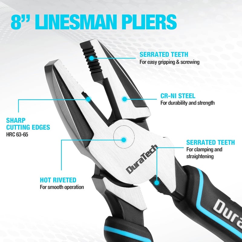 DURATECH 8" High Leverage Linemans Pliers, Cr-Ni Side Cutters, Linesman Pliers for Wire Cutting, Crimping - Image 4